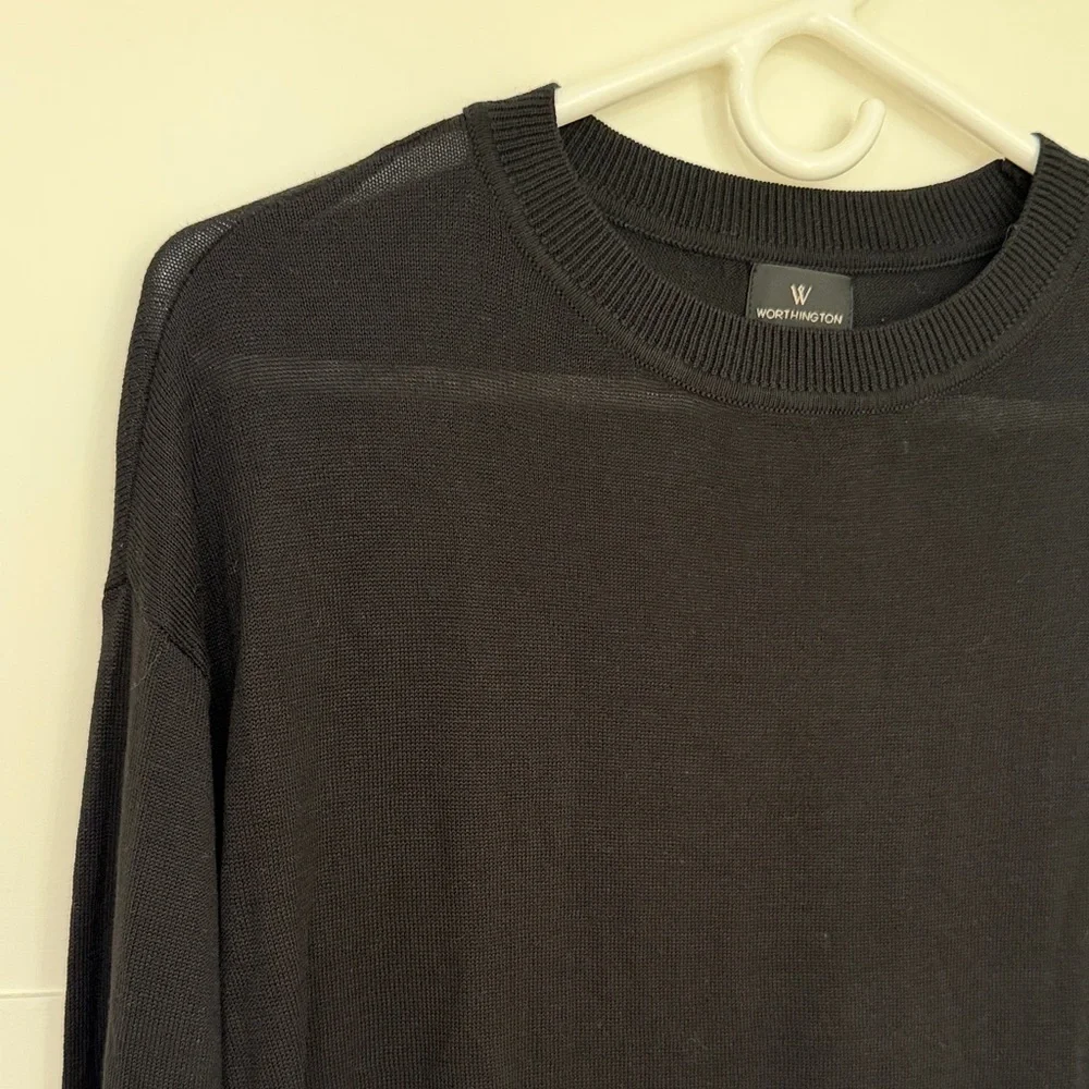 🌻3/$25 Worthington Womens Black Crewneck Tunic Sweater Side Slit Long Sleeve
